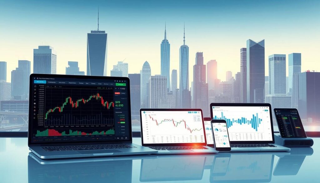 A well-lit, high-resolution digital illustration of modern financial trading platforms and dashboards. The foreground features a sleek, state-of-the-art trading interface with real-time market data, interactive charts, and intuitive controls. The middle ground showcases a range of digital devices, such as laptops, tablets, and smartphones, displaying various trading apps and platforms. The background depicts a cityscape with skyscrapers, representing the global financial markets. The lighting is crisp and clean, with a subtle blue-green hue to convey a sense of technological sophistication. The overall mood is one of efficiency, precision, and the cutting edge of financial technology.