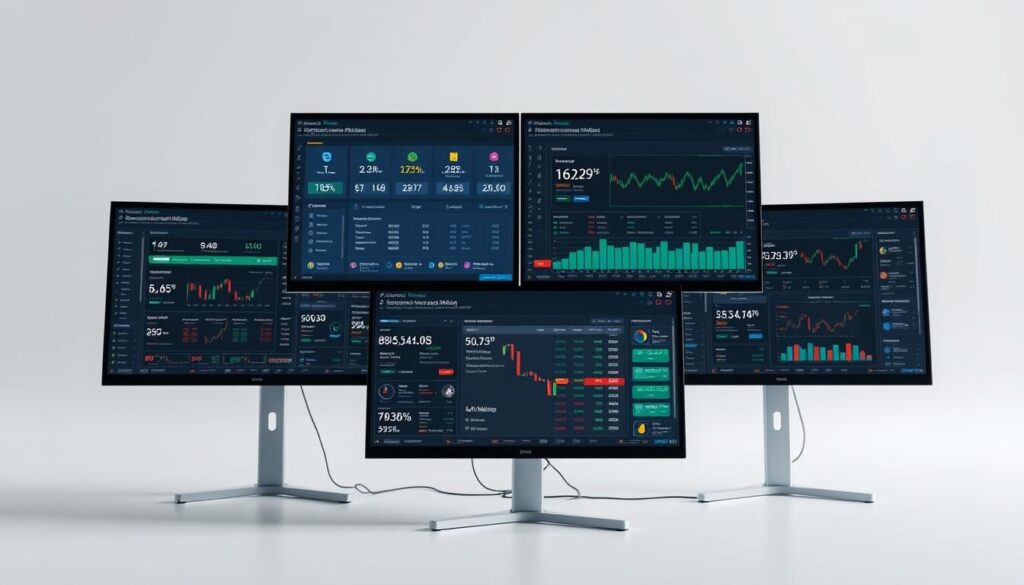 A well-lit, high-resolution image of a comparison of popular online trading platforms, displayed on multiple computer screens against a clean, minimal background. The screens showcase detailed feature breakdowns, performance metrics, and user interface elements for each platform. The overall atmosphere is professional, informative, and data-driven, conveying a sense of informed decision-making for prospective traders. The camera angle is slightly elevated, providing a comprehensive view of the setup. Subtle lighting from above creates depth and highlights the screens, while neutral tones and clean lines maintain a sleek, technology-focused aesthetic.