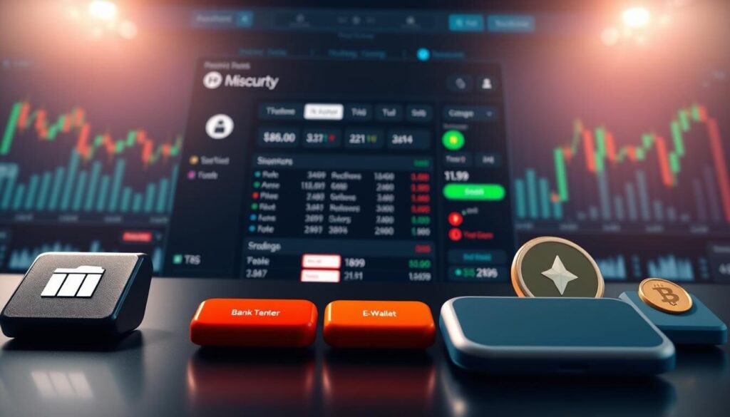 A well-lit, high-resolution image of a modern financial services dashboard showcasing various forex account funding methods. In the foreground, prominent icons and buttons representing bank transfers, credit/debit cards, e-wallets, and cryptocurrency options are displayed. The middle ground features a sleek interface with account summary details, while the background subtly blends financial graphs and stock market data, conveying a sense of professionalism and security. The overall composition emphasizes the ease and versatility of the available funding choices for a forex trading account.