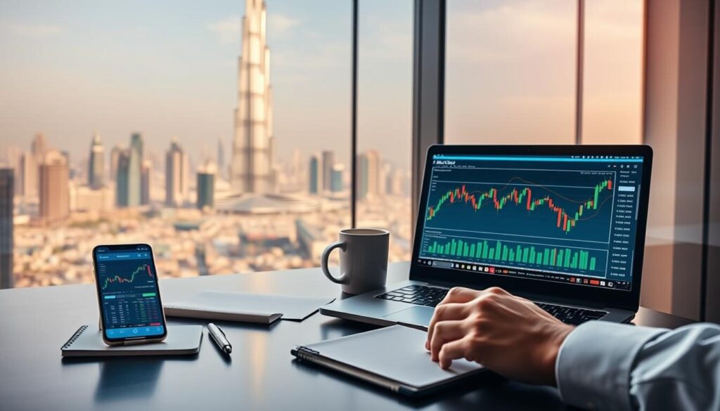 A well-lit, high-resolution image of a modern trading desk setup, showcasing the essential steps to start trading forex in Dubai. The foreground features an open laptop with a forex trading platform interface, a smartphone displaying live market data, and a professional's hands interacting with the devices. The middle ground includes a tidy arrangement of trading materials such as a pen, notebook, and coffee mug. The background depicts a panoramic view of the Dubai skyline, with the iconic Burj Khalifa prominently visible, conveying a sense of the dynamic financial hub. The overall scene exudes a professional, focused, and tech-savvy atmosphere, inspiring confidence in the viewer to embark on their forex trading journey in Dubai.