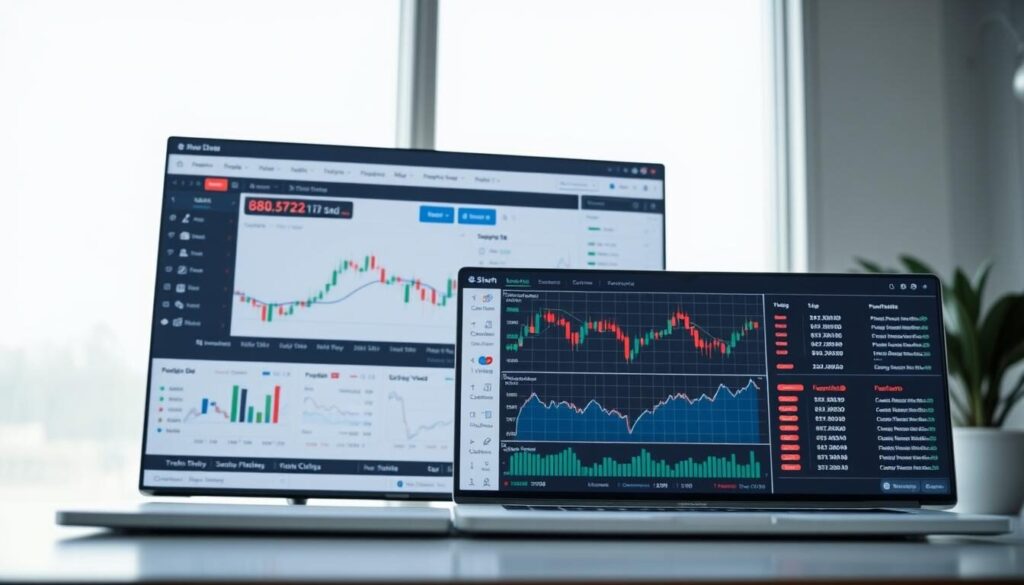 A well-lit, high-resolution image of a modern trading platform interface, showcasing a variety of intuitive tools and features. In the foreground, a clean and minimalist dashboard displays real-time market data, financial charts, and customizable indicators. The middle ground features a compact sidebar with quick access to order management, portfolio tracking, and research resources. In the background, a sleek and responsive user interface with a neutral color scheme and subtle textures creates a professional, trustworthy atmosphere. The overall composition should convey a sense of technological sophistication, user-friendliness, and suitability for a wide range of trading strategies and skill levels.