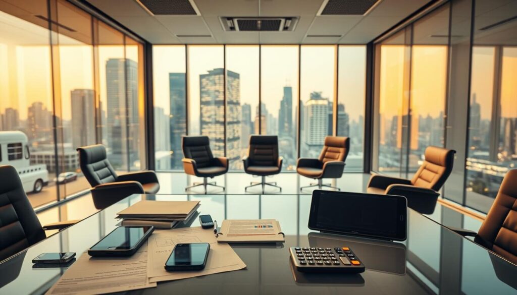 A well-lit, high-resolution image of a sleek, modern office interior. In the foreground, a glass-topped desk showcases several mobile devices, documents, and a calculator, conveying the tools and data sources used by forex brokers. In the middle ground, several ergonomic office chairs are arranged in a semi-circle, suggesting a meeting or consultation area. The background features floor-to-ceiling windows overlooking a vibrant cityscape, bathed in warm, golden lighting to create a professional, aspirational atmosphere. The overall composition emphasizes the criteria for selecting top forex brokers: technology, research, client-centric service, and a reputable, established presence.