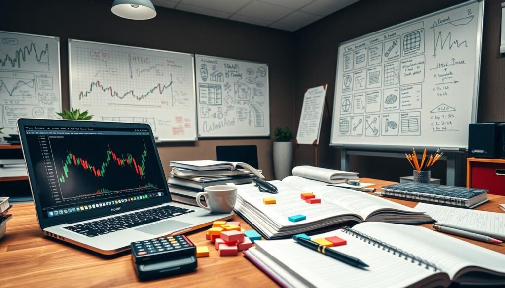 A well-lit, high-resolution image of an educational workspace filled with various trading tools and resources. In the foreground, an open laptop displays trading charts and graphs, surrounded by a ruler, calculator, and a cup of coffee. In the middle ground, textbooks, notebooks, and a handful of colorful sticky notes are neatly arranged on a wooden desk. The background features a large whiteboard filled with sketches, diagrams, and handwritten notes, conveying a sense of active learning and knowledge-sharing. The overall scene exudes a professional, focused, and productivity-driven atmosphere, perfectly capturing the essence of HYCM's comprehensive educational offerings for its trading community.