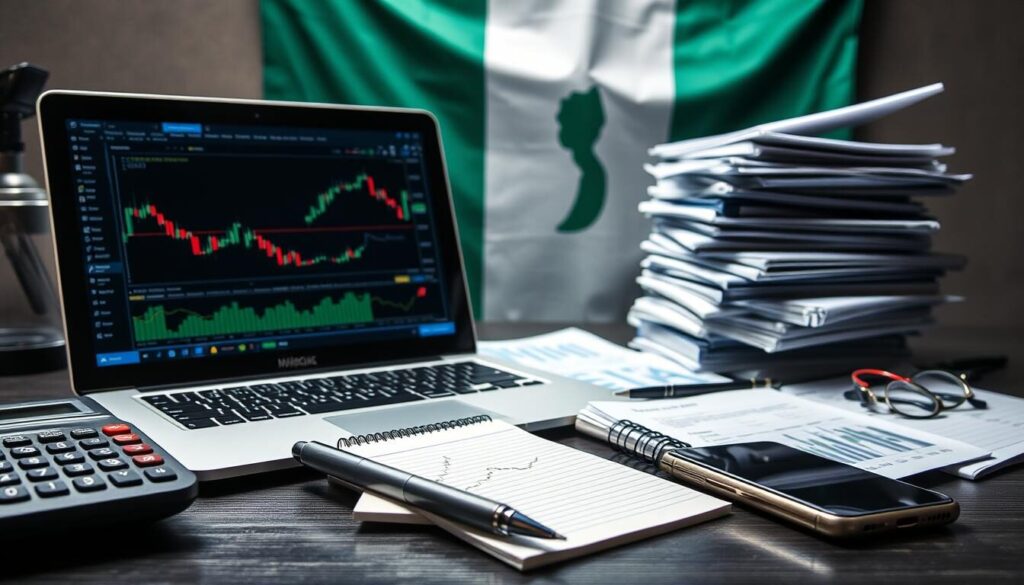 A well-lit, high-resolution image of various forex trading tools and accessories commonly used by Nigerian traders. In the foreground, a modern laptop or tablet displaying a forex trading platform, surrounded by a calculator, a pen and notebook, and a mobile phone. In the middle ground, a stack of financial charts, graphs, and analysis reports. In the background, a Nigerian flag or stylized map of Nigeria, conveying the local context. The overall scene should have a professional, business-like atmosphere, highlighting the tools and resources available for successful forex trading in Nigeria.