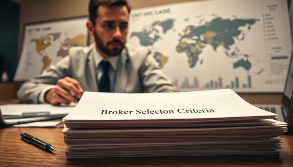 A well-lit, high-resolution photograph of a businessman's desk, showcasing various documents, a laptop, and a pen. In the foreground, a stack of papers labeled "Broker Selection Criteria" takes center stage, with a thoughtful expression on the businessman's face as he reviews the criteria. The middle ground features a world map and a chart displaying key metrics, hinting at the global nature of the financial market. The background is softly blurred, creating a sense of focus on the central elements. The lighting is natural, with warm tones that evoke professionalism and diligence. The overall composition conveys the process of carefully evaluating and selecting the best brokers for Pakistani traders.