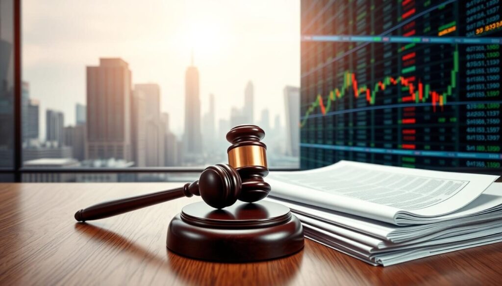 A well-lit, high-resolution photograph of a financial regulatory compliance concept for the forex trading industry. In the foreground, a stack of legal documents and a gavel on a wooden desk, symbolizing the regulatory oversight. In the middle ground, a digital display showcasing real-time forex market data, reflecting the dynamic nature of the industry. In the background, a cityscape with skyscrapers, conveying the global reach and significance of the forex market. The image should have a professional, authoritative tone, emphasizing the importance of regulatory compliance in the forex trading ecosystem.