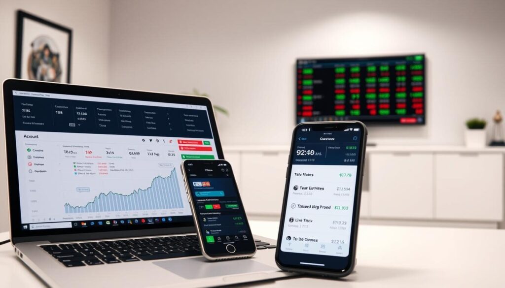 A well-lit, high-resolution scene depicting a forex trading platform interface. In the foreground, a laptop screen displays a comprehensive account overview, with detailed charts, analytics, and transaction history. The middle ground features a smartphone displaying real-time market data and news updates. In the background, a clean, minimal office setting with a large monitor showcasing live currency exchange rates. The overall mood is one of focus, control, and professionalism, conveying the importance of carefully monitoring one's forex account activity.