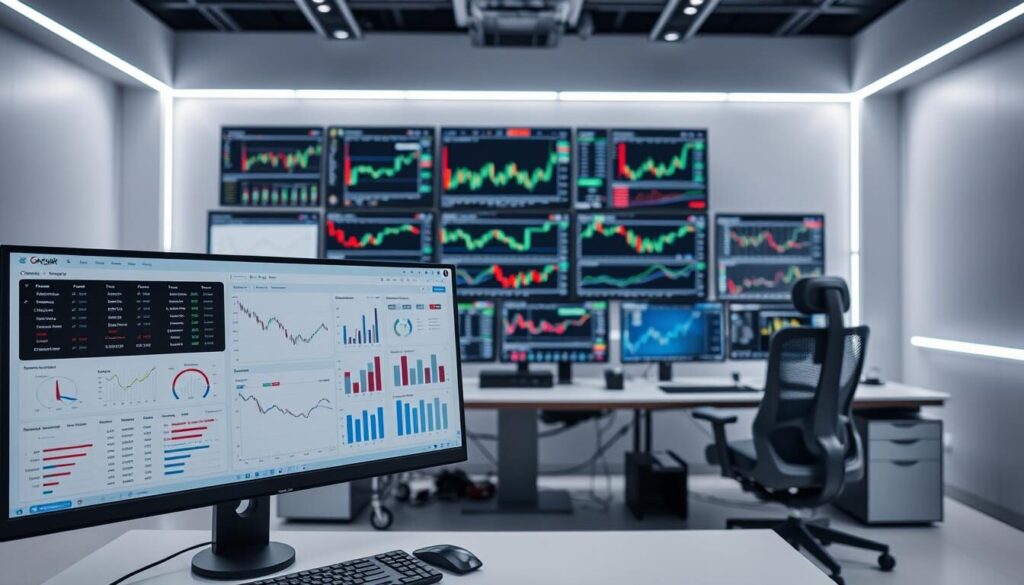 A well-lit, high-resolution studio photograph of a modern trading platform interface, showcasing various tools and features. The foreground displays a clean, minimalist dashboard with customizable widgets, data visualization charts, and intuitive controls. The middle ground depicts an array of trading charts and market data analytics, presented on high-definition monitors. The background features a sleek, high-tech workstation setup with ergonomic hardware, creating a professional and immersive trading environment. The overall mood is one of efficiency, precision, and advanced technological capabilities, reflecting the power and sophistication of the trading platform.