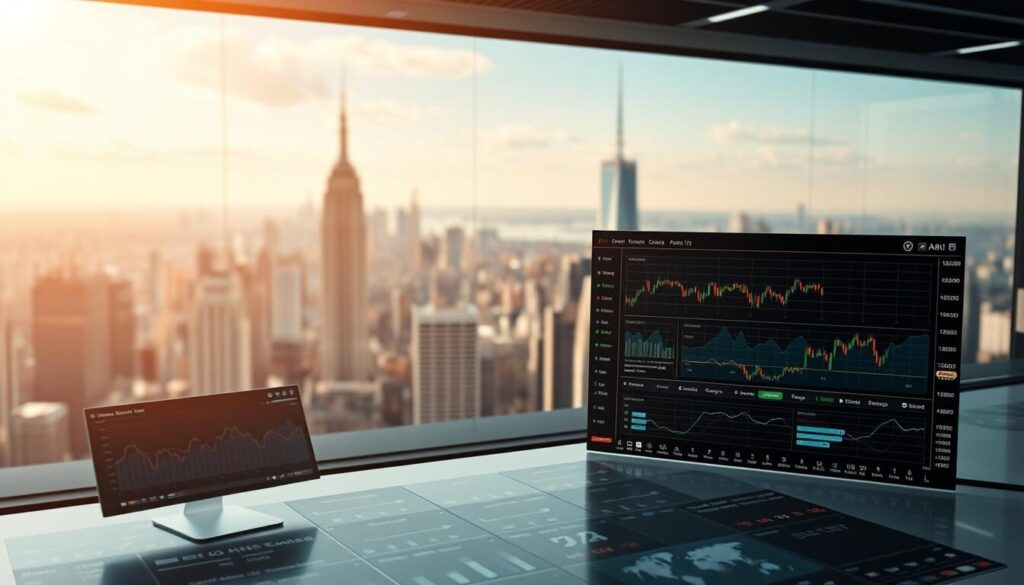A well-lit, high-resolution trading platform dashboard showcasing real-time analytics and market data visualizations. The foreground features a sleek, minimalist interface with interactive charts, graphs, and performance indicators. The middle ground depicts a panoramic view of the global financial markets, with stock tickers, currency exchange rates, and other dynamic data feeds. The background is a subtle, blurred cityscape, conveying a sense of urban sophistication and technological innovation. The overall scene exudes a sophisticated, futuristic ambiance, with a crisp, professional tone that reflects the cutting-edge nature of modern financial trading.