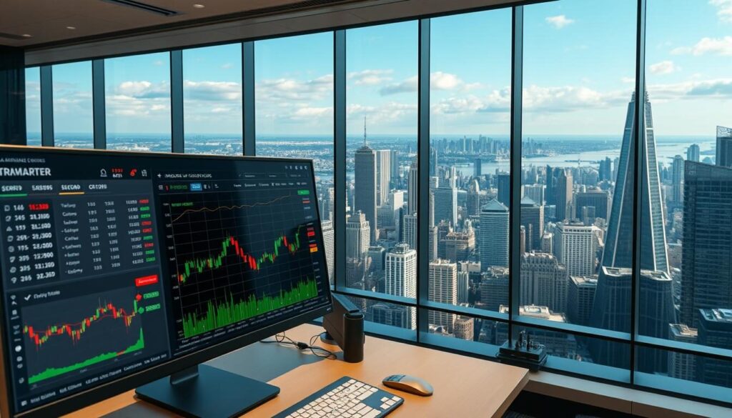 A well-lit, high-resolution trading platform interface with a clean, modern design. The foreground features an intuitive dashboard displaying live market data, trading charts, and customizable indicators. The middle ground showcases a variety of trading tools, order execution controls, and advanced order types. The background depicts a panoramic view of a bustling financial center, with skyscrapers and urban landscapes visible through large, panoramic windows. The overall atmosphere conveys a sense of professionalism, efficiency, and technological sophistication.