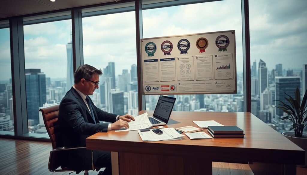A well-lit modern office interior with a large glass window overlooking a bustling cityscape. In the foreground, a businessman in a suit sits at a sleek wooden desk, intently reviewing documents related to forex regulatory compliance. On the desk, a laptop displays detailed charts and graphs, while scattered papers showcase complex financial regulations. The middle ground features a wall-mounted display board with official stamps, seals, and certifications, symbolizing the broker's commitment to transparency and adherence to industry standards. The background is filled with a skyline of towering skyscrapers, conveying the global scope and significance of forex market regulations.