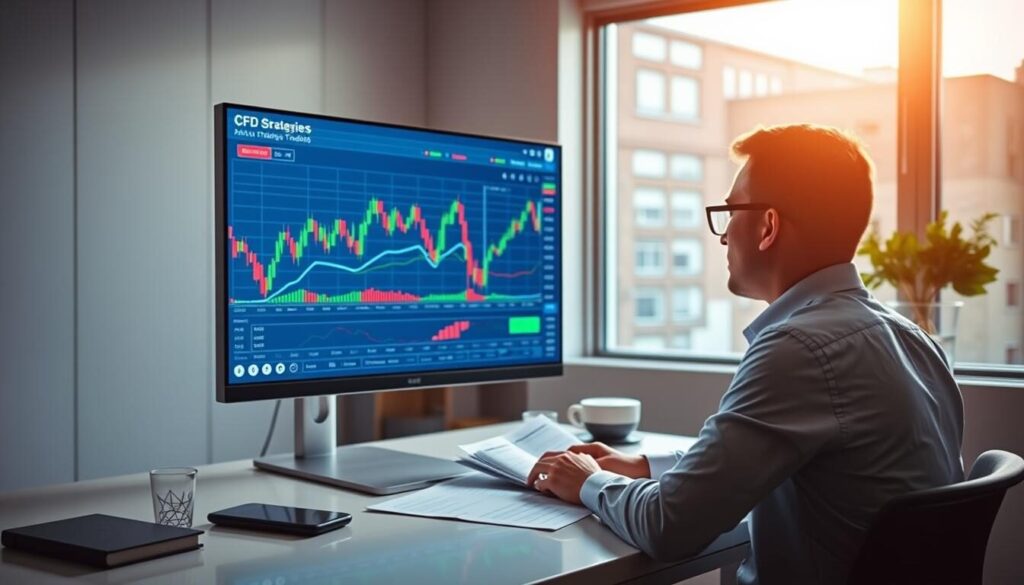 A well-lit, modern office setting with a large desk and a sleek computer monitor. On the screen, a dynamic chart depicting stock market trends and CFD trading data. In the foreground, a professional-looking person sitting at the desk, intently studying trading strategies and educational materials. Subtle lighting from a large window casts a warm glow, creating a productive and contemplative atmosphere. The overall scene conveys the concept of an individual engaged in comprehensive CFD trading education, utilizing advanced analytical tools and resources to enhance their trading knowledge and skills.