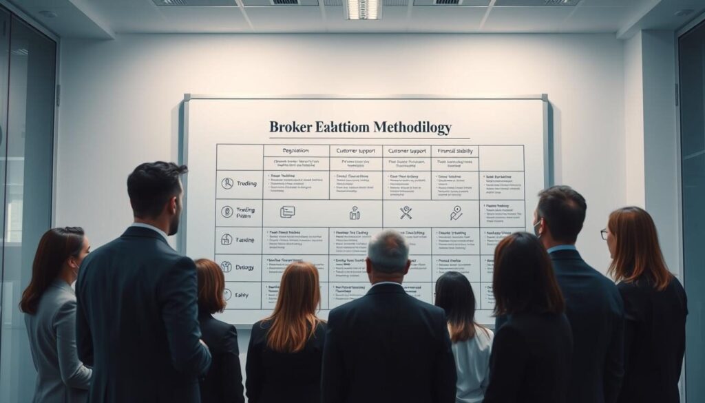 A well-lit, modern office setting with a large whiteboard displaying a detailed visual representation of a "Broker Evaluation Methodology". The whiteboard features a clear, structured framework with key assessment criteria such as trading platform, regulation, customer support, and financial stability, each illustrated with concise icons and infographics. In the foreground, a group of business professionals carefully examining the whiteboard, engaged in a collaborative discussion. The lighting is bright and clean, creating a professional and analytical atmosphere. The camera angle is slightly elevated, providing a comprehensive view of the scene and highlighting the importance of the methodology being presented.