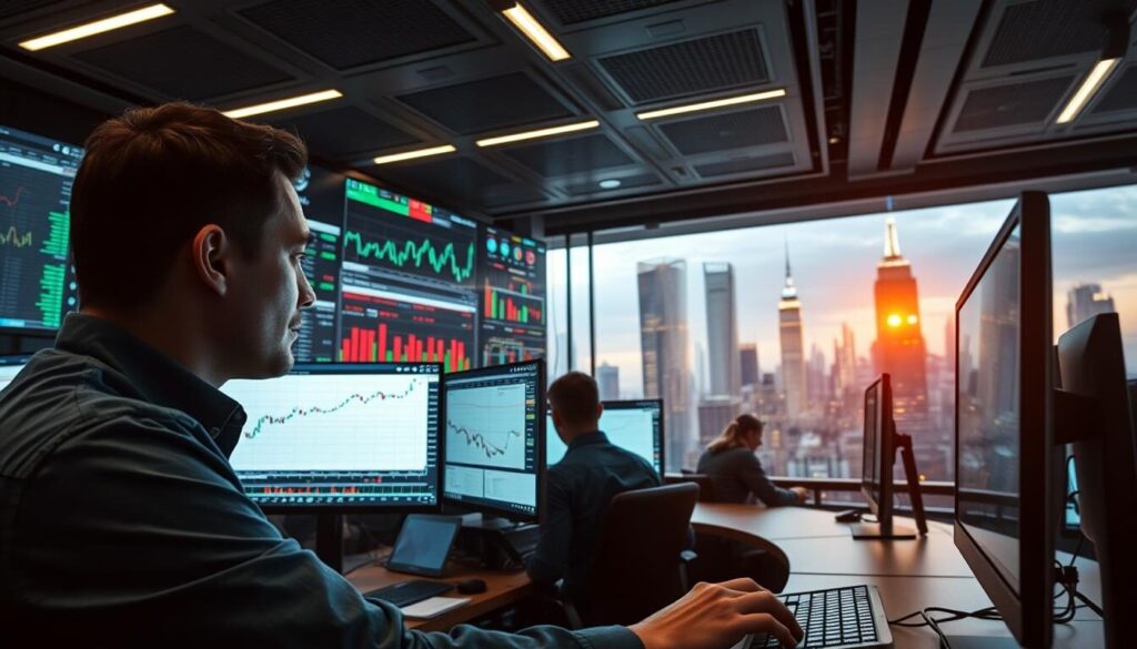 A well-lit modern trading floor, with rows of sleek computer monitors and traders intently focused on their screens. In the foreground, a trader studies a complex chart, fingers poised over a keyboard, the screen casting a warm glow on their face. The middle ground showcases various trading strategies and indicators projected on larger displays, while the background features a panoramic view of a bustling financial district, skyscrapers reaching towards the sky. The atmosphere is one of intense concentration, precision, and the thrill of leveraging the markets to maximize profits.