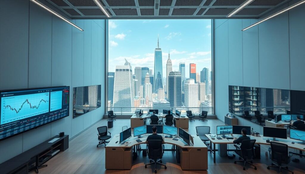 A well-lit, modern trading platform with a sleek, minimalist design. The foreground features a large display screen showcasing real-time financial data, surrounded by a sophisticated user interface with clean lines and intuitive controls. In the middle ground, desks and workstations are arranged in a open-plan layout, with professionals engaged in active trading. The background reveals a panoramic view of a bustling financial district, with towering skyscrapers and a clear, blue sky. The overall atmosphere conveys a sense of stability, efficiency, and regulatory compliance, befitting a CMA-regulated trading environment.