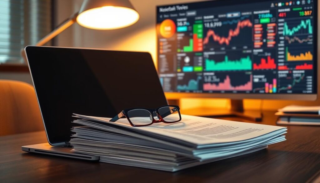 A well-lit office desk, with a sleek laptop, a stack of financial reports, and a pair of reading glasses resting on top. In the background, a large monitor displays a dashboard filled with stock charts, market data, and research tools. Warm lighting from a desk lamp casts a soft glow, creating a professional and focused atmosphere. The scene conveys the methodical process of diligently researching broker reviews and regulatory data, essential for making informed and responsible investment decisions.