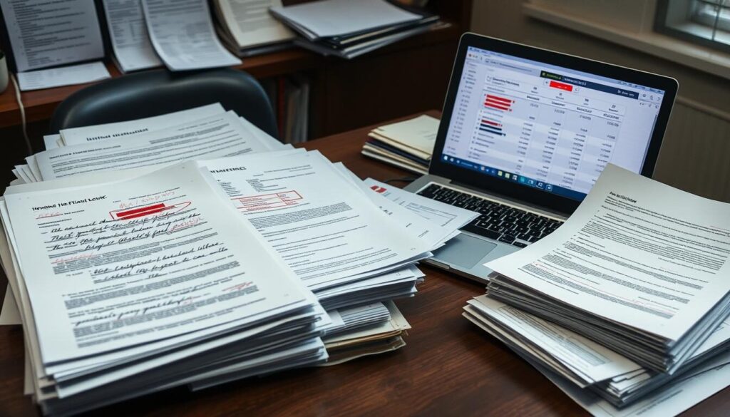 A well-lit office desk with stacks of legal documents, invoices, bank statements, and other financial records piled neatly. The documents feature handwritten notes, redacted sensitive information, and clear indicators of fraudulent activities. A laptop computer displays detailed transaction histories and suspicious wire transfers. The overall atmosphere conveys a sense of investigation and the uncovering of a forex scam, with a serious, professional tone suitable for a journalistic article.