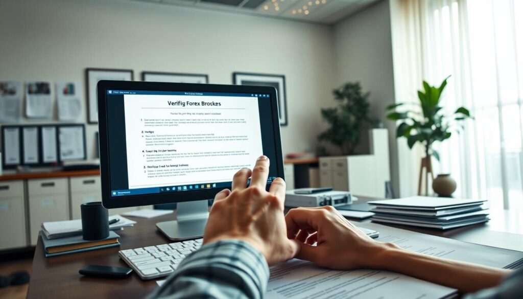 A well-lit office interior with a desk, computer, and various financial documents. In the foreground, a person's hands carefully reviewing verification steps on the computer screen, representing the process of verifying a forex broker's legitimacy. The background features subtle cues about forex trading, such as stock charts or trading platform interfaces, to establish the context. The overall atmosphere is one of focus, diligence, and the importance of thorough due diligence when engaging with a forex broker to avoid potential scams.