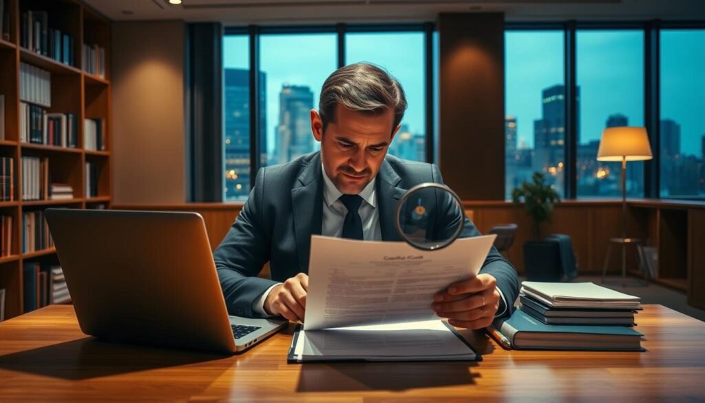 A well-lit office interior, with a large wooden desk in the center. On the desk, a laptop, a stack of documents, and a magnifying glass. In the foreground, a businessman in a suit examines a contract through the magnifying glass, his brow furrowed in concentration. Bookshelves line the walls, and a window in the background offers a view of a bustling city skyline. The lighting is warm and inviting, creating a sense of professionalism and diligence. The overall scene conveys the careful scrutiny and attention to detail required in performing comprehensive due diligence on a potential forex broker.