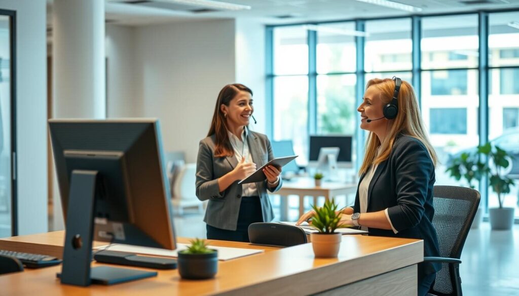 A well-lit office interior with a receptionist's desk in the foreground. The desk is adorned with a sleek desktop computer, a professional headset, and a small potted plant. In the middle ground, two customer service representatives are engaged in animated conversation, their expressions conveying empathy and problem-solving. The background features a clean, modern aesthetic with neutral-colored walls, minimalist decor, and large windows allowing natural light to flood the space. The overall atmosphere exudes a sense of efficiency, professionalism, and a commitment to customer satisfaction.