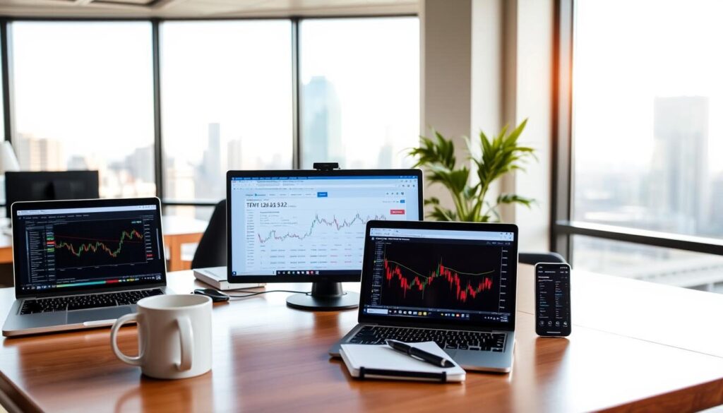 A well-lit office setting with a desk showcasing several beginner-friendly trading platforms on laptop and mobile device screens. The devices display intuitive interfaces, clear data visualizations, and accessible features. In the foreground, the desk is adorned with a coffee mug, a pen, and a notebook, creating a productive and inviting atmosphere. The background features a large window overlooking a cityscape, allowing natural light to flood the scene. The overall mood is one of professionalism, approachability, and the empowerment of novice traders, capturing the essence of the "In-Depth Review of Top Trading Apps for Beginners" section.