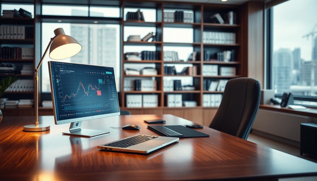 A well-lit office setting with a large window overlooking a cityscape. In the foreground, a polished wooden desk with various trading tools neatly arranged - a sleek laptop, a high-resolution monitor displaying real-time market data, and a professional-grade mouse and keyboard. On the desk, a subtle yet sophisticated lamp casts a warm glow, complementing the modern decor. In the middle ground, a comfortable ergonomic chair invites the user to engage with the trading tools. The background features shelves stocked with financial literature and educational resources, creating an atmosphere of expertise and diligence. The overall scene conveys a sense of professionalism, efficiency, and a focus on providing an exceptional customer experience.