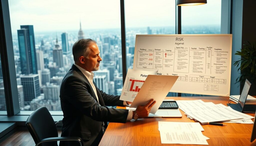 A well-lit office setting with a wooden desk, a laptop, and various financial documents. In the foreground, a thoughtful businessperson examines a risk management chart, carefully analyzing potential risks and mitigation strategies. The middle ground showcases a whiteboard filled with detailed business plans, project timelines, and budgetary projections. In the background, floor-to-ceiling windows offer a panoramic view of a bustling city skyline, emphasizing the high-stakes environment in which this decision-making process takes place. The lighting is warm and professional, creating a sense of focus and determination. The overall atmosphere is one of strategic planning, risk awareness, and a commitment to building a robust and resilient business plan.