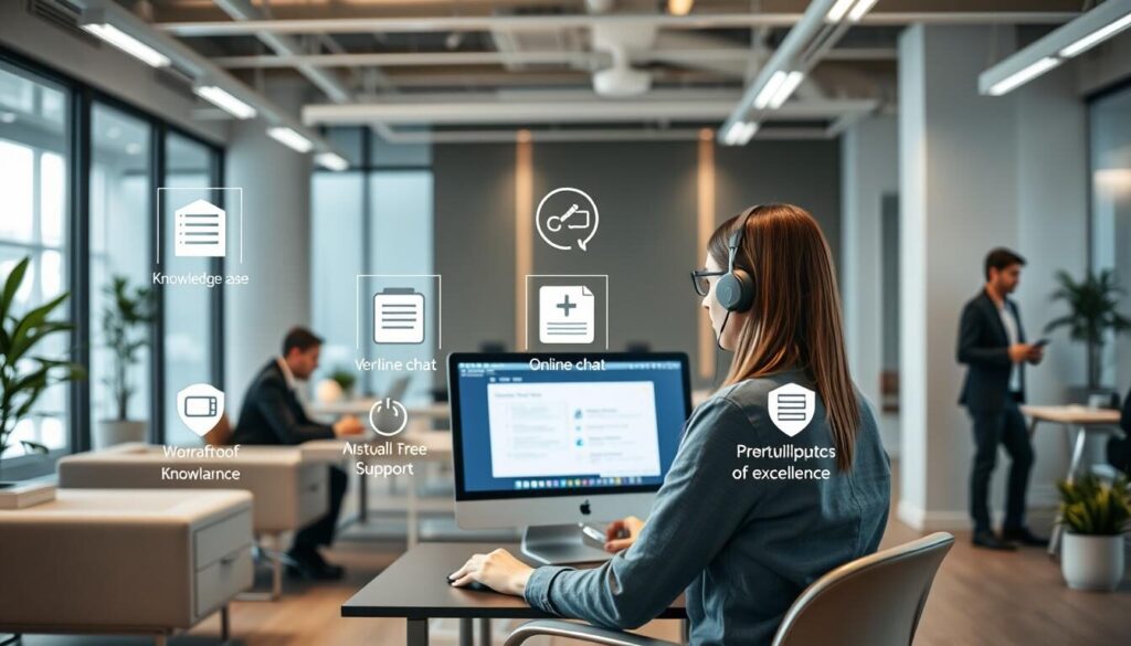 A well-lit office space with sleek, modern furniture and minimalist decor. In the foreground, a customer service representative diligently assisting a client on a high-resolution computer monitor, their expressions conveying attentiveness and care. The middle ground features an array of support resources, including a knowledge base, online chat, and a toll-free helpline number, all seamlessly integrated. The background showcases a team of professionals collaborating, leveraging the latest user experience design tools and technologies to continuously improve the customer journey. A sense of professionalism, responsiveness, and a commitment to excellence permeates the scene.