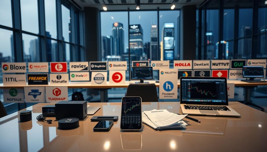 A well-lit studio scene showcasing an array of various forex broker logos and products. In the foreground, a glossy table displays a selection of trading devices and financial documents, with a smartphone prominently displaying market data. The middle ground features several laptop computers open to trading platforms, while the background showcases a sleek, modern office setting with floor-to-ceiling windows offering views of the bustling Indonesian cityscape. The lighting is soft and directional, creating depth and accentuating the premium quality of the products. The overall atmosphere conveys professionalism, reliability, and the thriving forex industry in Indonesia.