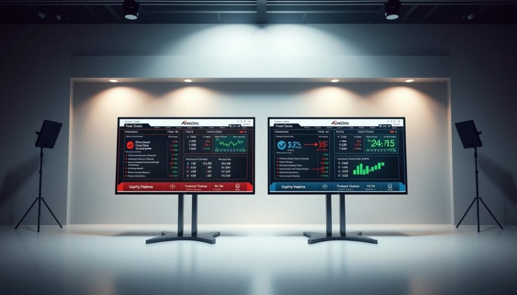 A well-lit studio setting showcasing a side-by-side comparison of leading forex broker logos and trading platforms. Sleek, high-resolution displays present detailed performance metrics, trading tools, and customer reviews for each broker. The scene conveys a professional, authoritative tone suitable for an article on the "Best Forex Brokers Netherlands". Soft, directional lighting illuminates the scene, creating depth and highlighting the essential information. The overall composition is balanced, with the brokers' offerings taking center stage against a clean, minimalist background.