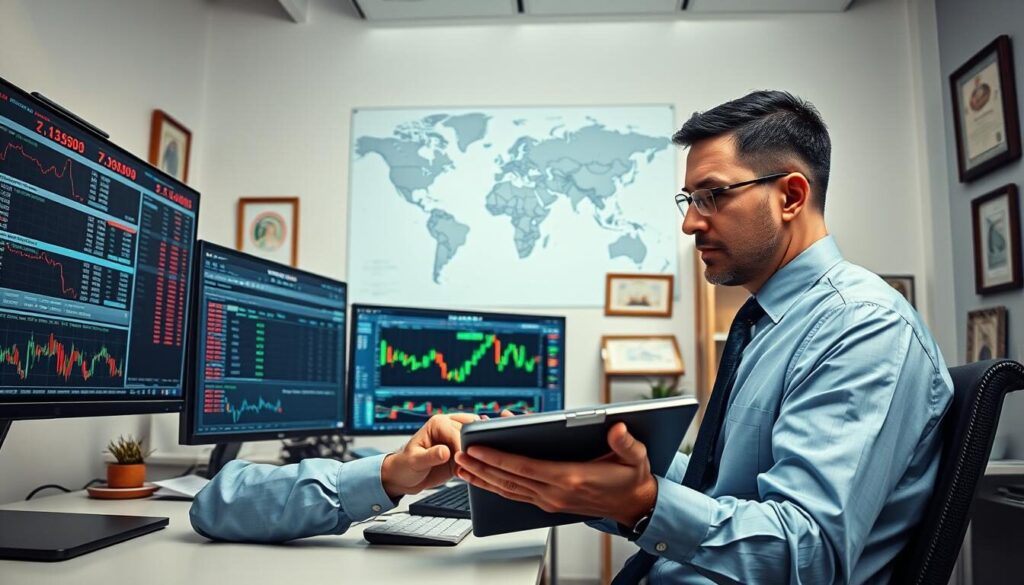 A well-lit studio setting with a professional forex analyst in a button-down shirt and tie, intently studying multiple computer monitors displaying live market data, stock charts, and technical indicators. The analyst's face is in deep concentration, hands poised over a tablet as they make detailed annotations. The background is a clean, minimalist workspace with a large world map, framed stock certificates, and other financial decor elements. The lighting is crisp and directional, highlighting the subject's features and creating dynamic shadows. The overall mood is one of expertise, authority, and deep market insight.