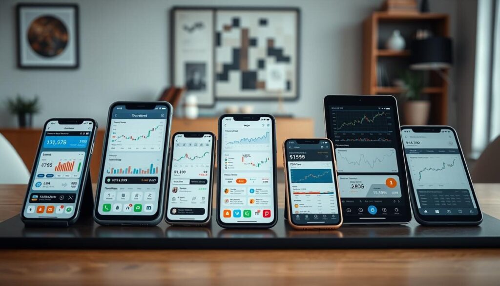 A well-lit tabletop scene showcasing various trading apps and platforms side-by-side, each displayed on modern smartphone and tablet devices. The foreground features a clean, minimalist arrangement of the mobile devices, their screens showcasing the distinct interfaces and features of leading trading apps. The middle ground includes complementary financial data visualizations, charts, and infographics to highlight the capabilities of the platforms. The background subtly suggests a professional office setting, with tasteful decor and accents that convey a sense of sophistication and authority. The overall composition radiates a sense of comparison, efficiency, and the cutting-edge nature of the trading technology on display.