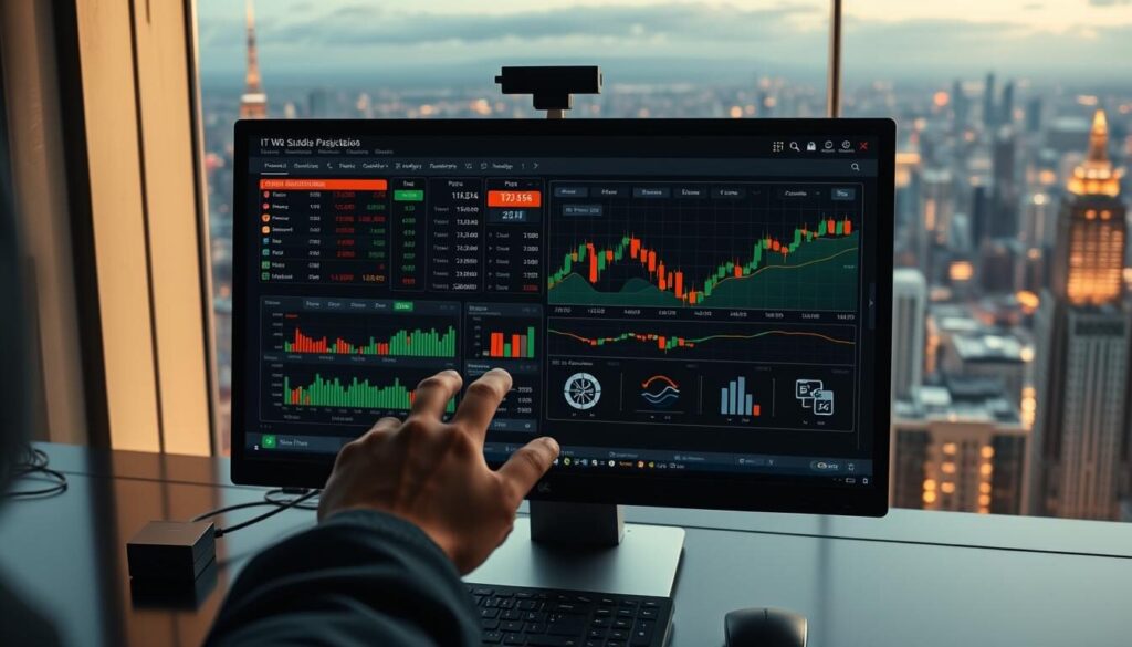 A well-lit trading platform interface on a sleek desktop computer, with a user interacting with the application on a large, high-resolution display. The UI features intuitive data visualizations, clear order management tools, and seamless navigation. Subtle lighting casts a warm glow, creating a professional yet inviting atmosphere. The user's hands gracefully manipulate various input devices, conveying a sense of effortless control. In the background, a panoramic view of a bustling financial district, reflecting the platform's global reach and connectivity. The overall scene exudes a harmonious blend of cutting-edge technology, user-centric design, and the dynamic energy of the trading world.