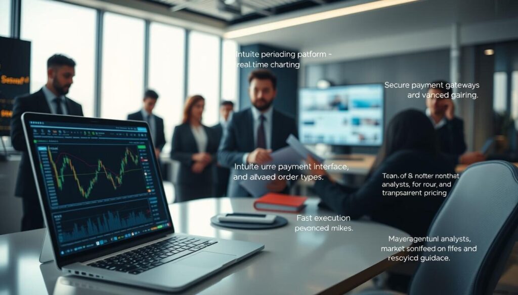A well-lit, wide-angle composition showcasing the key features of a reliable forex broker. In the foreground, a sleek, modern trading platform with intuitive user interface, real-time charting, and advanced order types. In the middle ground, secure payment gateways, fast execution, and transparent pricing. In the background, a team of professional analysts providing market insights and personalized guidance. The scene radiates a sense of trust, stability, and technological sophistication, creating an impression of a broker that prioritizes client success and satisfaction.