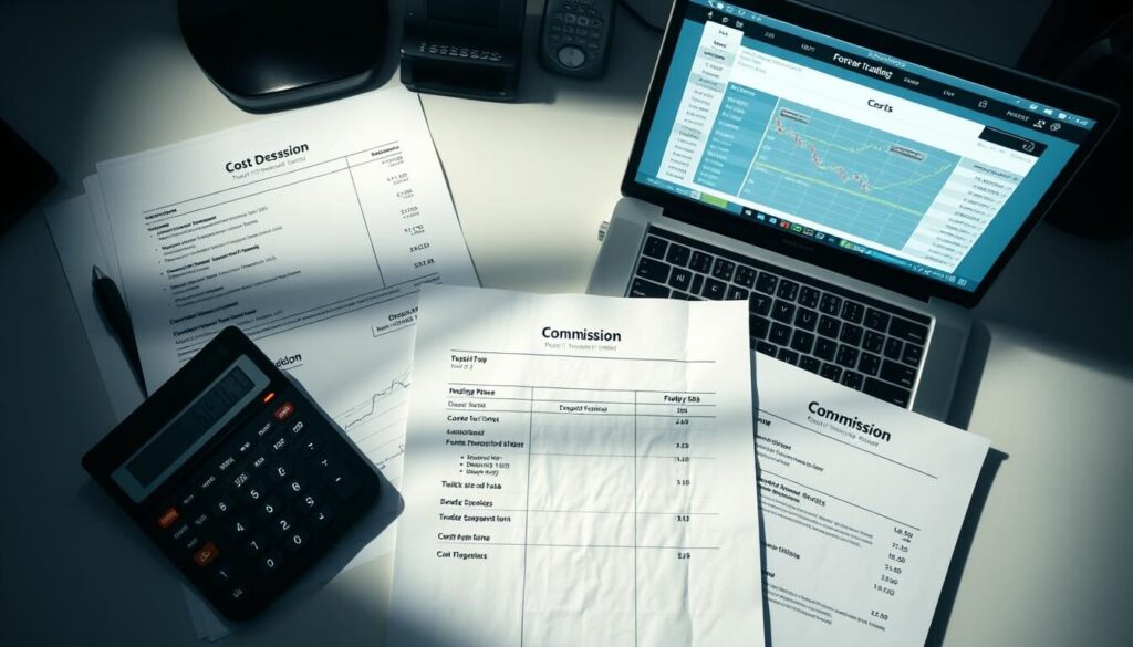 A well-lit, wide-angle overhead view of a desktop workspace, showcasing various financial documents, a calculator, and a laptop displaying a forex trading platform. The documents feature detailed cost breakdowns, including deposit requirements, trading fees, and commission structures. The lighting is crisp and even, casting subtle shadows that add depth and realism to the scene. The overall mood is one of meticulous financial analysis, with a sense of professionalism and attention to detail.