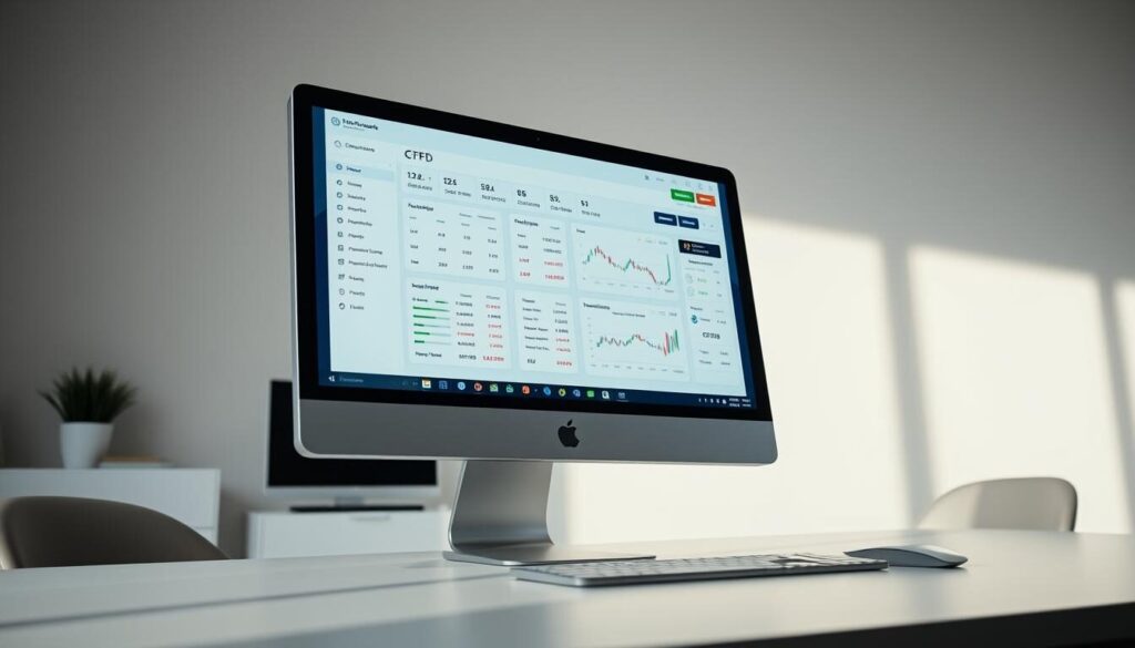A well-lit, wide-angle shot of a contemporary CFD trading account dashboard displayed on a sleek, glossy desktop computer monitor. The screen showcases a clean, intuitive user interface with neatly organized sections for account balance, open positions, trading charts, and order management tools. The surroundings are a minimalist office setting with a neutral color palette, highlighting the focus on the digital experience. The lighting is soft and natural, creating depth and drawing the viewer's attention to the screen. The overall impression is one of a modern, professional, and user-friendly CFD trading platform.