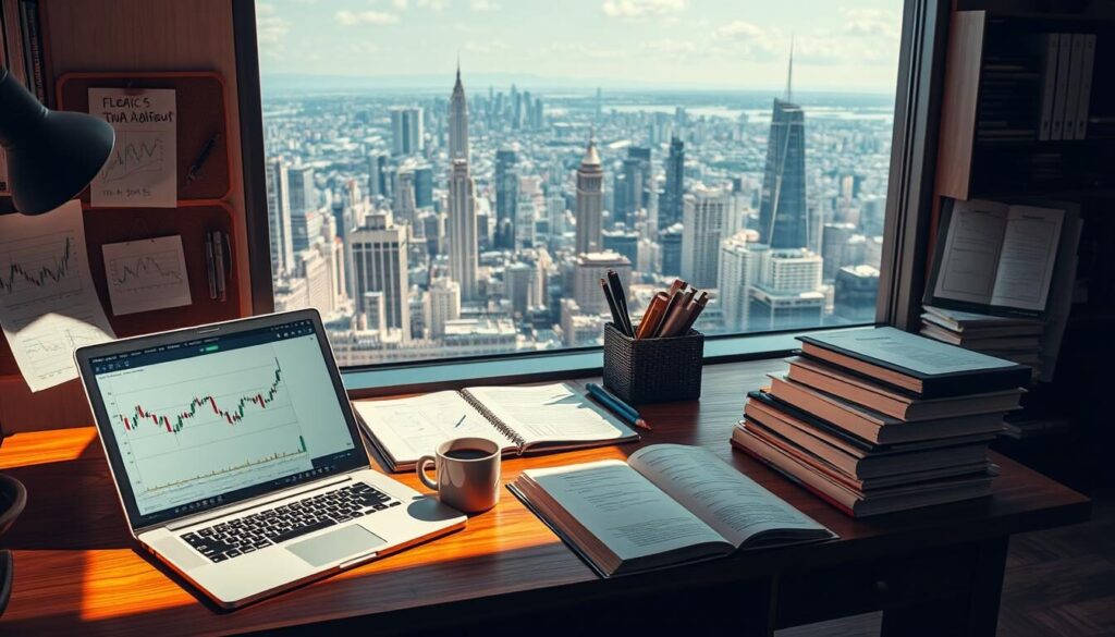 A well-lit workspace with a variety of educational resources, including books, documents, and digital devices, arranged neatly on a sturdy wooden desk. In the foreground, a laptop displays interactive trading charts, while a stack of textbooks and a cup of coffee sit nearby. The middle ground features a corkboard with handwritten notes and printed diagrams, reflecting the trader's active engagement with the learning materials. The background showcases a panoramic view of a bustling city skyline, hinting at the global scope of the forex market. Warm, natural lighting and a serene atmosphere convey the diligence and focus required for successful trading education.