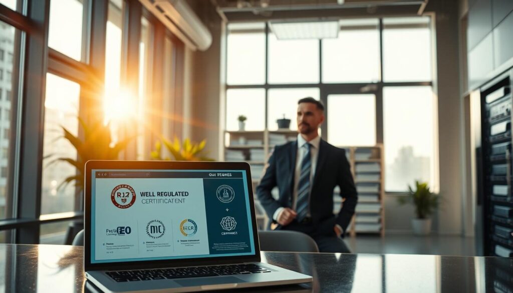 A well-regulated forex broker office, gleaming with modern technology and security features. Sunlight filters through large windows, casting a warm glow over the sleek, minimalist decor. In the foreground, a laptop displays compliance certifications and regulatory logos, conveying a sense of trustworthiness and authority. The middle ground features a professional-looking broker, dressed in a crisp suit, engaging with a client. In the background, shelves of financial documents and a secure server rack suggest a focus on transparency and data protection. The overall atmosphere is one of stability, reliability, and a commitment to responsible trading practices.
