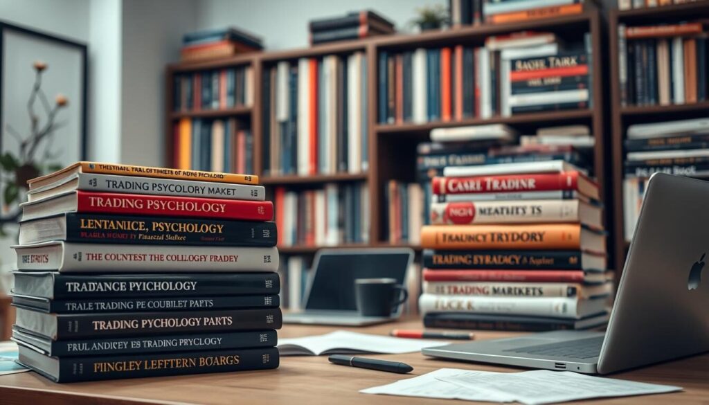 A well-stocked bookshelf filled with various psychology books on trading, investing, and financial markets. In the foreground, a stack of hardcover volumes on trading psychology, their spines prominently displaying relevant titles. In the middle ground, a workspace with a laptop, coffee mug, and a few scattered notes, creating an atmosphere of focused study. The background is softly lit, with muted tones and a sense of contemplation, emphasizing the importance of education and self-improvement for successful forex trading.