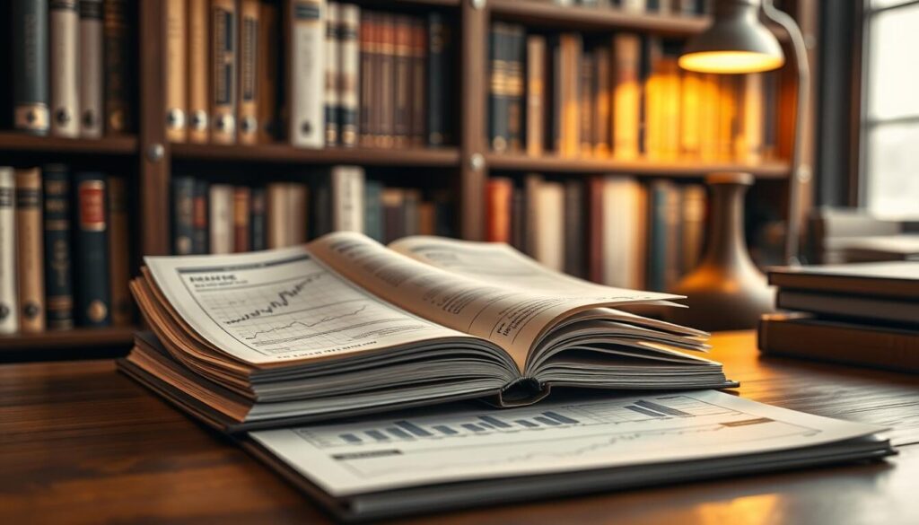 A well-worn currency trading guide rests on a wooden desk, its pages filled with financial charts and graphs. Soft, warm lighting casts a cozy glow, suggesting a sense of study and reflection. In the background, a bookshelf overflows with finance-related volumes, hinting at the depth of knowledge contained within. The guide's cover features a subtle pattern of currency symbols, adding a touch of sophistication. The scene evokes a quiet, contemplative atmosphere, inviting the viewer to delve into the intricacies of currency trading.