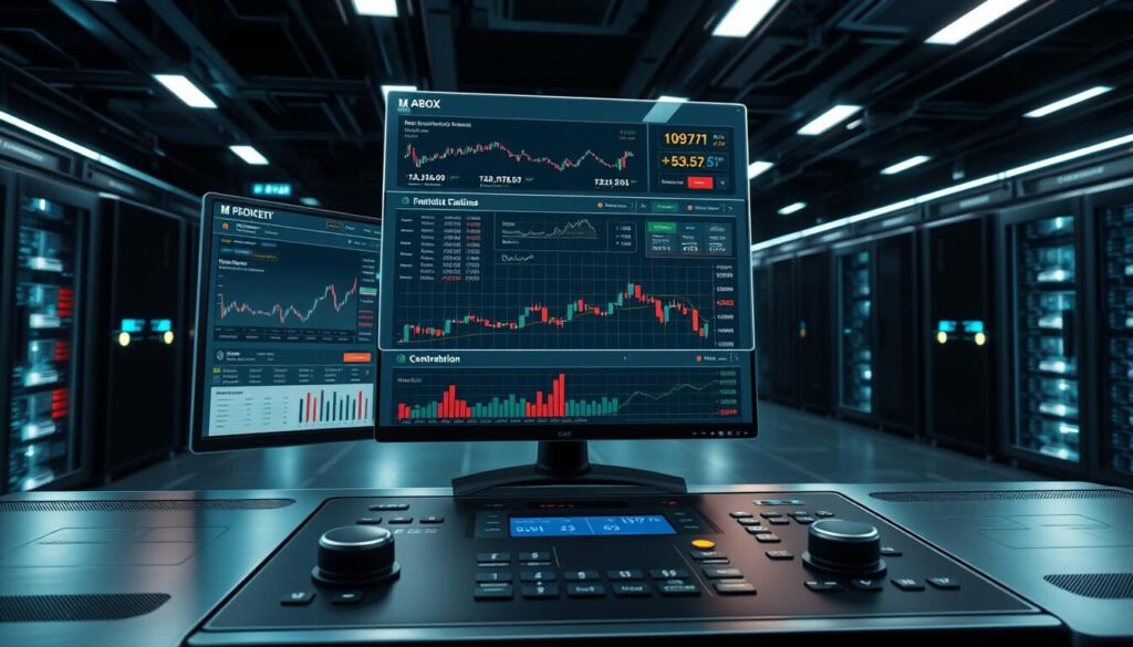 An advanced trading platform with a sleek, minimalist user interface. In the foreground, a high-resolution monitor displays real-time market data, intuitive charting tools, and customizable indicators. Floating above the monitor, a holographic heads-up display shows a comprehensive overview of current positions, orders, and market trends. In the middle ground, a tactile control panel with responsive touchpads and precise knobs allows for seamless navigation and fine-tuning of trading strategies. The background features a dimly lit, high-tech workspace with banks of powerful servers and cutting-edge algorithmic trading algorithms running in the background, creating an atmosphere of efficiency and technological sophistication.