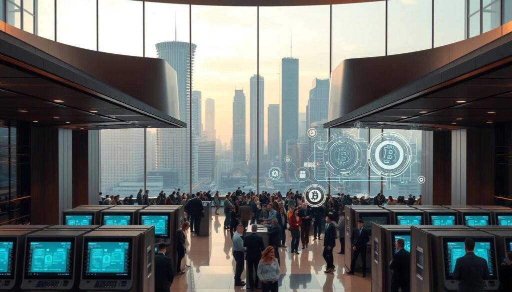 An elegant financial hub with sleek modern architecture, featuring a central hub of digital payment terminals. Soft, warm lighting illuminates a foreground of secure transaction screens and biometric scanners. In the middle ground, virtual currency symbols and data visualizations float amidst a bustling crowd of professionals. The background showcases a cityscape of towering skyscrapers, reflecting the stability and reliability of the financial systems. An atmosphere of trust, security, and technological innovation pervades the scene.