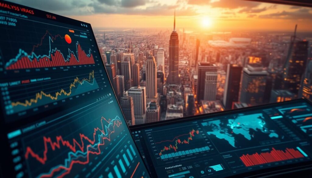 An expansive financial market analysis dashboard, showcasing real-time data visualizations and comprehensive insights. The foreground features a sleek, intuitive interface with interactive charts, graphs, and heatmaps displaying trends, performance metrics, and market indicators. The middle ground depicts a panoramic view of global financial centers, pulsing with activity. The background is a dynamic cityscape, with skyscrapers and infrastructure reflecting the constant flux of the markets. The scene is illuminated by warm, focused lighting, creating a sense of depth and clarity. The overall atmosphere conveys a sense of analytical precision, strategic decision-making, and the ever-evolving nature of financial markets.