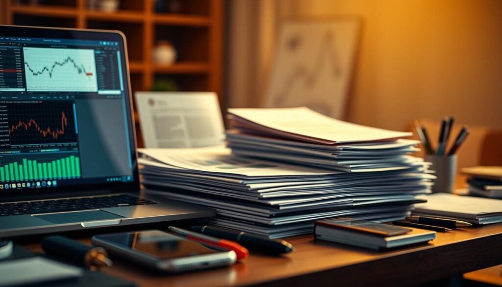 An expertly crafted forex affiliate program tools arrangement, captured in a high-resolution photograph with a shallow depth of field. In the foreground, a well-organized display of various digital tools and resources, including a laptop, mobile device, and financial analysis software. The middle ground features a neatly arranged stack of documents, charts, and reports, conveying the data-driven nature of forex affiliate marketing. The background is softly blurred, creating a sense of professionalism and focus on the subject matter. Warm, directional lighting illuminates the scene, casting subtle shadows and highlights to enhance the overall aesthetic. The mood is one of productivity, efficiency, and the successful pursuit of forex affiliate success.