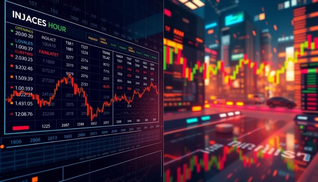 An intricate dual-panel illustration showcasing the distinct trading hours and operations of indices and forex markets. In the foreground, a crisp, detailed representation of the indices trading timeline, with a sleek, modern user interface highlighting opening and closing times across global financial hubs. In the background, a dynamic forex market landscape, pulsing with vibrant candlestick charts and currency pairs, captured under the glow of a warm, subdued lighting scheme. The composition emphasizes the contrast and complementarity between these two financial domains, inviting the viewer to explore their unique characteristics and the nuances that distinguish them.