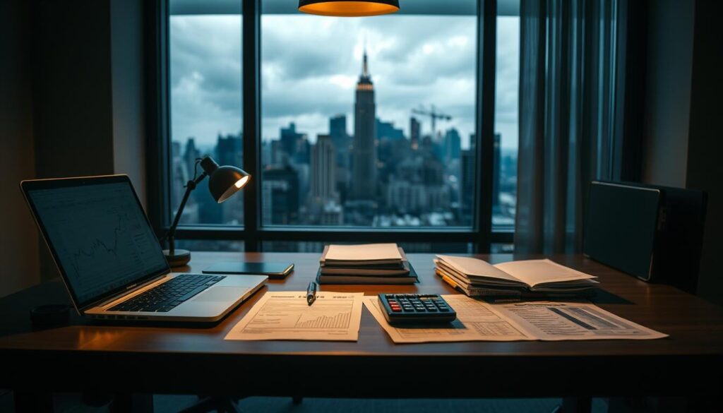 An office desk with a laptop, calculator, and various financial documents, against a backdrop of a city skyline visible through a window. The desk is illuminated by a warm, focused overhead light, casting subtle shadows and highlighting the details of the materials. A thoughtful, analytical mood pervades the scene, as if the viewer is witnessing the process of carefully selecting and evaluating potential forex brokers. The composition emphasizes the diligence and precision required in this decision-making process, with the urban landscape in the background suggesting the wider context and significance of the task at hand.