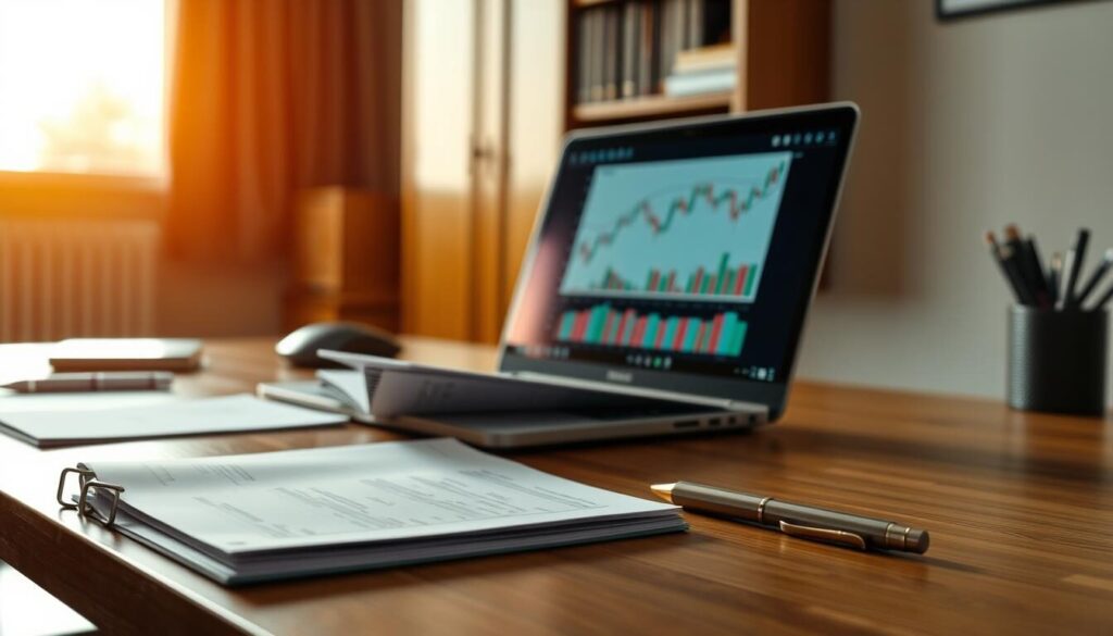 An office desk with a laptop, notepad, and desk accessories, illuminated by warm, directional lighting from a window on the left. In the foreground, a financial graph or chart is displayed on the laptop screen, representing the data and analytical tools used in the broker evaluation methodology. In the middle ground, a stack of documents and a pen sit neatly organized, symbolizing the research and assessment process. The background features a bookshelf or filing cabinet, conveying a sense of professional, analytical rigor. The overall mood is one of focused, deliberate evaluation, with attention to detail and a methodical approach.