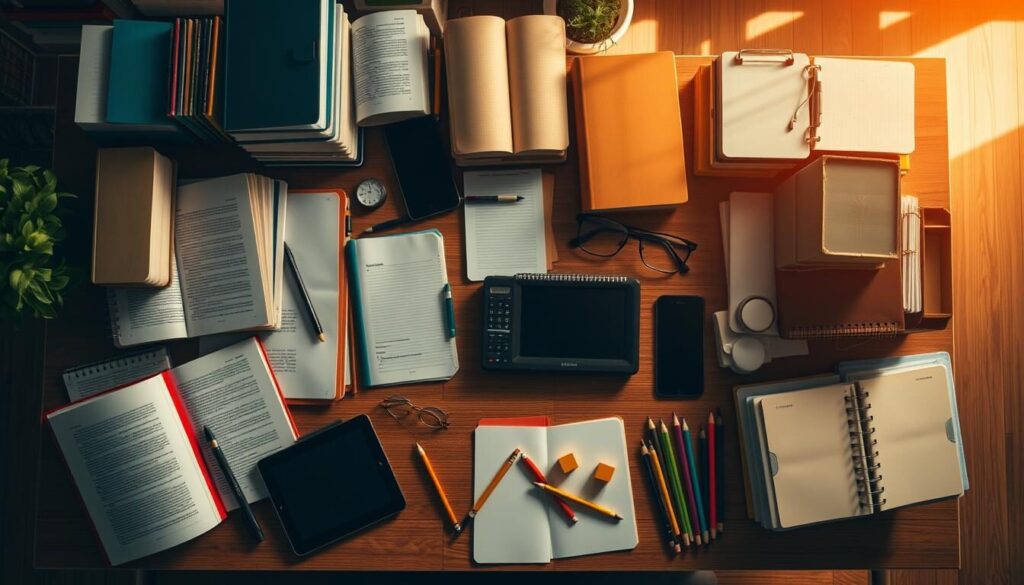 An overhead view of a desk displaying a variety of educational resources, including textbooks, tablets, notebooks, and stationery. The layout is neatly organized, with the items arranged in a visually appealing manner. The scene is illuminated by warm, natural lighting, creating a cozy and productive atmosphere. The background is blurred, keeping the focus on the educational materials. The image conveys a sense of academic excellence, research, and the pursuit of knowledge.