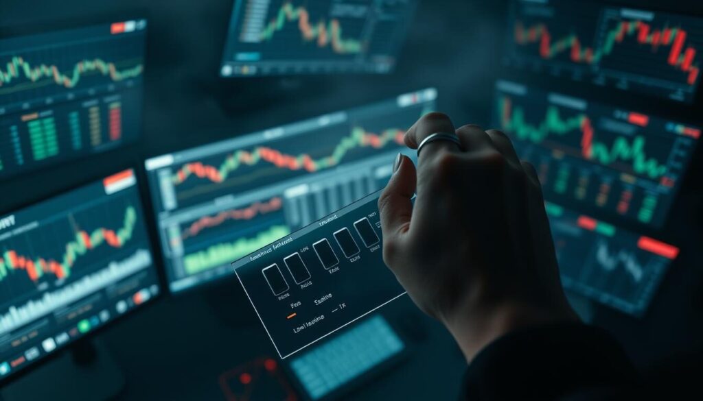 An overhead view of a trading desk, with a myriad of financial charts, graphs, and data displays illuminated by the soft glow of multiple high-resolution monitors. In the foreground, a hand manipulates a sleek, high-contrast trading interface, adjusting sliders and toggles that control trading fees, leverage ratios, and risk management parameters. The background is shrouded in a hazy, ethereal light, conveying a sense of the complex, data-driven world of modern finance. The composition is crisp, clean, and minimalist, emphasizing the precision and attention to detail that characterize successful trading strategies.