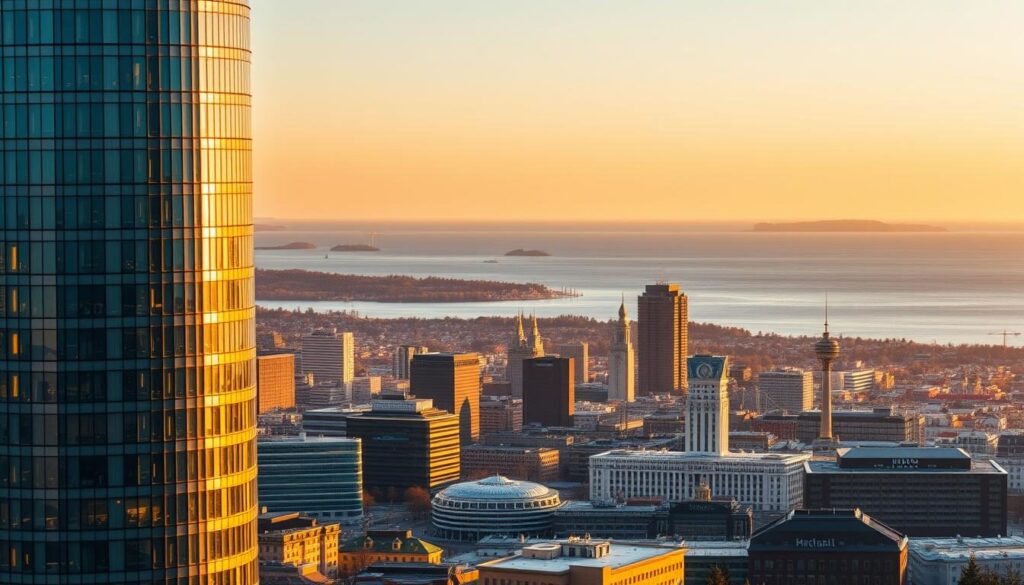 An urban skyline of Helsinki, Finland, bathed in warm, golden evening light. In the foreground, the iconic architecture of the Helsinki Stock Exchange building, its gleaming glass facade reflecting the vibrant city below. In the middle ground, a bustling financial district with towering skyscrapers and modern office complexes, representing the thriving financial ecosystem. In the background, the serene waters of the Baltic Sea, with the silhouettes of distant islands on the horizon. The scene conveys a sense of modernity, prosperity, and Finland's position as a leading financial hub in Northern Europe.